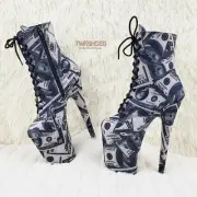 Flamingo 1020DP Money Print Platform 8" High Heel Lace Up Ankle Boots 6-12 NY