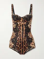 [Dolce & Gabbana] Dolce & Gabbana - Lace-trimmed Leopard-print Silk-blend Satin Bodysuit - Leopard print - 1B 1B Animal print