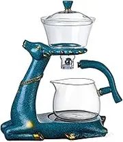 Mozeo Heat-Resistant Kungfu Glass Tea Set with Heater Magnetic Water Diversion Rotating Cover Bowl Lazy Semi-Automatic Deer Glass Teapot (Blue Deer Without Tea Cups)