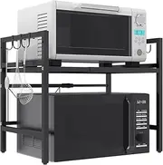 Anshine Microwave Oven Rack, 2-Tier Carbon Steel Over Microwave Stand with 6 Hooks, Expandable Microwave Shelf for Kitchen Countertop Organizer & Storage