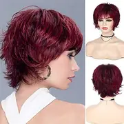 Wine Red Wig Short Layered Pixie Cut Hair Wigs for Women Synthetic Cosplay Wig with Bangs Female Wig Halloween Custome Party