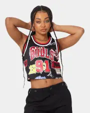 [MITCHELL & NESS] Mitchell & Ness Women's Dennis Rodman Chicago Bulls Slap Sticker Crop Tank Jersey Black - Size 16 (2XL) 16 (2XL) Black