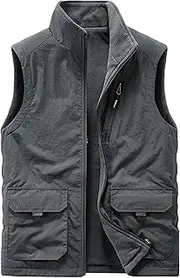 [Generic] Men's Double-Sided Vest Multi Pocket Winter Thick Sleeveless Outerwear Polar Fleece Zipper Vest Jacket, Dark Grey, X-Large