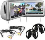 Elinz Headrest 2X10.1 HD Car Monitor Pillow HDMI DVD Player 1024X600 IR FM SD USB 2X Headphones Will Fit All Cars Easy Installations (Grey)