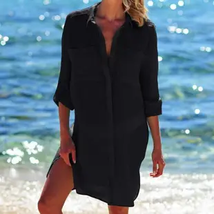 泳衣罩衫可下水皺紋布口袋沙灘罩衫襯衣式海邊度假衫比基尼外搭裙