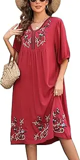 [Higustar] Traditional Mexican Embroidered Dress Ladies Summer Bohemian Plus Size Boho Fiesta Mexico Dresses for Women 2025 Red