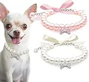 Casidoxi 2 Pcs Dog Cat Pearl Collar Necklace with Rhinestone Bone, Fancy Cat Wedding Collar Jewelry for Girl Cat Puppy Dogs Accessories(Pink+White)
