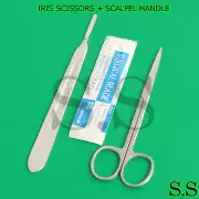 IRIS MICRO SCISSORS STRAIGHT 4.5" + SCALPEL HANDLE #4 + 5 SURGICAL BLADES #24