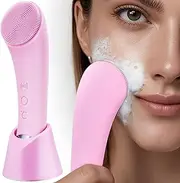 Facial Cleansing Brush, Rechargeable Silicone Face Scrubber with Heat Massage End, 5 Modes, Vibrating Exfoliator Scrubber for Deep Cleaning, Waterproof Face Brush for Women and Men (Pink)