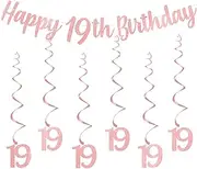 bng-bng 19th Birthday Party Decorations Girls Rose Gold with Happy 19th Birthday Bunting Banner Hanging Swirls Streamers 19 Banner for Girl Women Adult 19 Years Old Anniversary Party Decor
