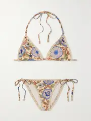 [Zimmermann] Zimmermann - Junie Metallic Crochet-trimmed Floral-print Triangle Bikini - Ivory - 2 2 Ivory