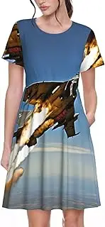 [JEJEA] Aircraft Fighter Jets Print Women Summer Casual Short Sleeve Crewneck Aline Swing Flowy Shirt Beach Dress 2025