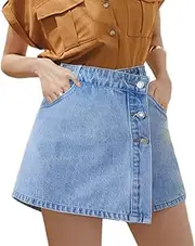 [Generic] Denim Shorts Women Casual High Waisted Solid Button Up Asymmetrical Denim Jean Skort Skirt Mini Shorts