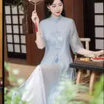 新品 直髮中國風禪意茶服裙子2023夏新款刺繡新中式仙氣飄逸旗袍改良洋裝连衣裙