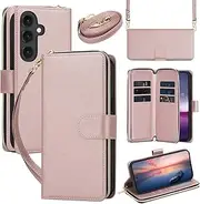 GoshukunTech for Galaxy S22 Case Wallet Leather, for Samsung Galaxy S22 5G Flip Case Wallet Cover Kickstand Zipper Purse 9 Card Holder with Wristlet Strap Crossbody Lanyard-Rose Gold
