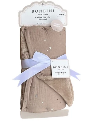 BONBINI Cotton Muslin Baby Blanket Reversible Soft Plush Taupe Brown Stars New