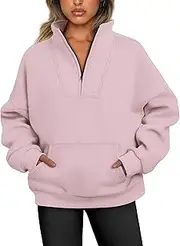 [Jhsnjnr] Women's Quarter Zip Jumpers Fleece Lined Pullover Sweater Tops Plain Oversized Sweatshirts, Lotus Pink, XL