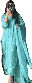 [Generic] Women's Chinon Silk with Cotton Thread Embroidery Straight Kurti With Pant and Dupatta set (Sky Blue-L), Sky Blue, Large