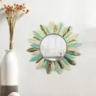 Iron Art Feather Mirror Wall Decoration Hanging Mirror Circle Decorative Boho