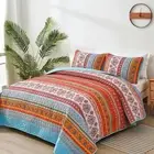 Goodidea Boho Quilt Set Queen Size,3 Piece Orange Bohemian Striped Bedspread