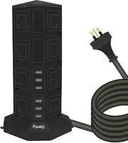 [Powerjc] Tower Power Strip USB Surge Protector Socket 16 AC Outlets with 6 USB Ports 40W Chargers 2M Long Extension Cord SAA Certified Black