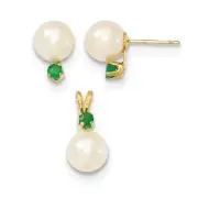 14k Yellow Gold 7-8mm White FW Cultured Pearl & Emerald Stud Earrings & Pendant