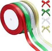 4 Rolls 100 Yards Ribbons Holiday Metallic Glitter Fabric Holiday Festival Satin Ribbon 10mm Wide for Gift Xmas Wrapping Decoration(Green & Red & Silver & Gold)