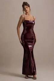 Crystalline | Berry Sequin Strappy Maxi Dress