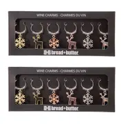 2x 6pc Bread and Butter Alloy/Steel Snowflake/Reindeer Wine Glass Charms Set