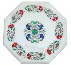 Inlaid with Floral Design Coffee Table Top White Marble Bed Side Table for Hotel