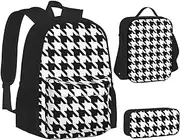 [ERCgad] Houndstooth Black Print Canvas 3-In-1 School Bags Set Backpack Lunch Bag Pencil Case Combo For Men Women, Black, One Size