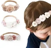 ZOPJUMA Pack of 3 Baby Headbands, Flower Elastic Hair Band, Hair Accessories, for Newborns Toddlers, Baby Girls Headbands, Soft Newborn Toddler Hair Accessories