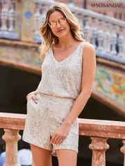 Sosandar Gold Sequin V-Neck Cami Top (F93934) | $136