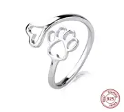 Sterling Silver .925 Paw Heart Women's Open Adjustable Ring Sizes 6-8