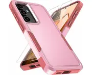 For Samsung Galaxy S24 FE 5G All in 1 Dual Layer Tough Bumper Cover Rugged Case + Tempered Glass Screen Protector - Pink