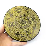 540g Obsidian mirror with golden Aztec calendar engraved #OTH126