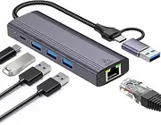 5-in-2 USB C to Ethernet Adapter 1000Mbps with 3*USB 3.0 & 1*USB C, USB 3.0 to RJ45 Gigabit LAN Network Adapter Nylon Braided & Aluminum Alloy Ethernet Hub for PS4/5, iPad, MacBook, Surface, Dell XPS