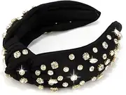 Atoden Wide Top Knot Headband, Black (Clear Rhinestones), Headband for Women's Hair, Sparkly Embellished Headbands for Girls Gifts