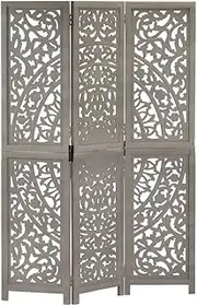 vidaXL Hand-Carved Solid Mango Wood Room Divider, 3-Panel, Grey, 120x165 cm - Elegant Design for Modern Home Interiors