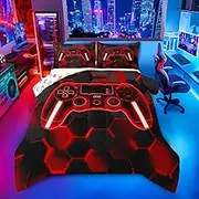 Gamer Duvet Quilt Gaming Bedding Set for Kids Boys Girls Teens Room Decor Red and Black Game Console Comforter Set Queen Size Gamepad Honeycomb 3Pcs Breathable Soft Lightweight Microfiber