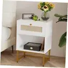 Rattan Nightstand，Modern Farmhouse Bedside Table with Storage Drawer White02