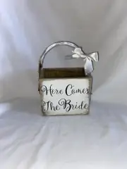 Shabby Chic Farmhouse Style Here Comes The Bride Wedding Wood Flower Box Basket