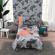 Universal Jurassic World Into The Wild Grey, White, Orange and Aqua T. Rex 4 Piece Toddler Bed Set - Comforter, Fitted Bottom Sheet, Flat Top Sheet and Reversible Pillowcase