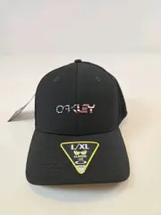 Oakley 6 Panel Stretch Metallic Hat Mens Size L/XL Blackout Flex Fit Sports Cap