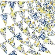 5 Pcs Blue Tiles Lemon Decor Lemon Bunting Banners Blue Tiles Paper Pennant Garlands Lemonade Hanging Triangle Flags for Wedding Birthday Bridal Shower Bachelorette Party Decorations
