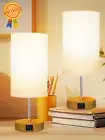 Set of 2 Bedside Table Lamps, 3-Way Dimmable, USB-C Ports, Wood Base, LED Bulb