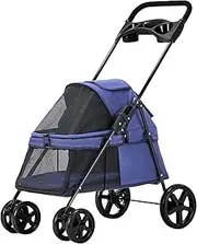 Pet Stroller for Cats with Cup Holder, Dog Pram Stroller Buggy with Rain Cover, Breathable Dog Prams Pushchairs for Small Dogs Luxury Pet Gear Oxford Fabric Fine Iron Frame(Blue)