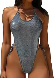 [YAUASOPA] Liquid Metallic Backless Glitter One Piece Swimsuit Female Shiny Solid Body Suit Set Halter Bathing Suit Bikini