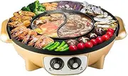2 in 1 Hot Pot and Grill with BBQ Large Capacity Multifunctional Non-Stick Portable Electric Barbecue Stove Capacity for 2-12People for Household Dinner and Party Golden
