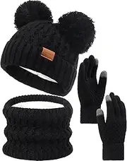 [T WILKER] Kids Winter Hat Gloves Scarf Set, Ages 2-8 Girls Toddler Warm Fleece Lined Snow Beanie Neck Warmer Touchscreen Gloves